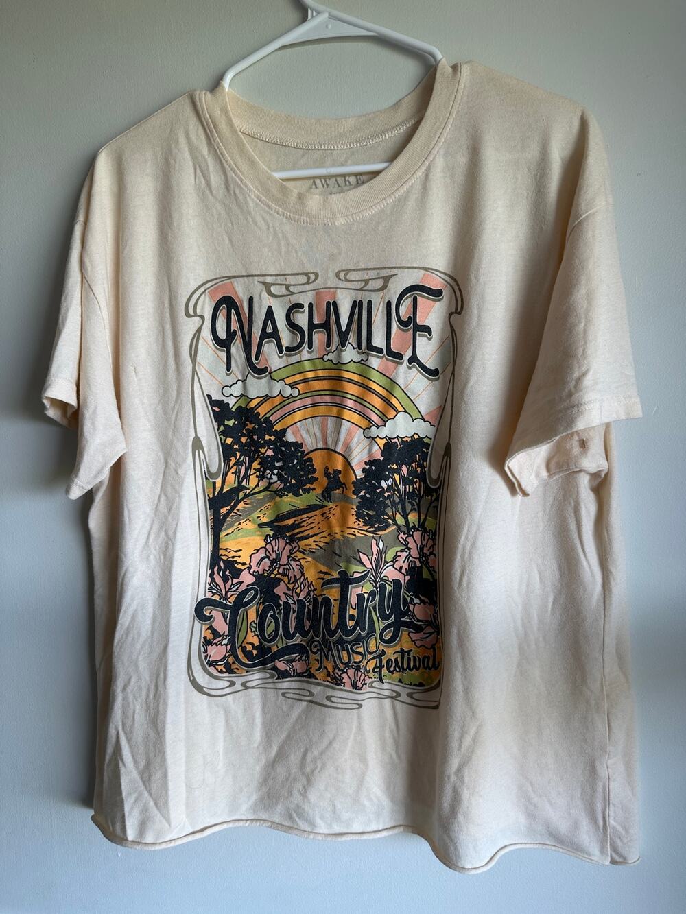 Awake Nashville Country Music Festival Graphic Tee Shirt Cream XXL Cropped Retro